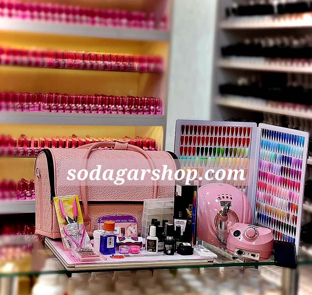 وسایل لوازم کاشت ناخن فول کامل اقتصادی همرا با کیف (هر دو لاین مواد مصرفی پودر و ژل دارد)